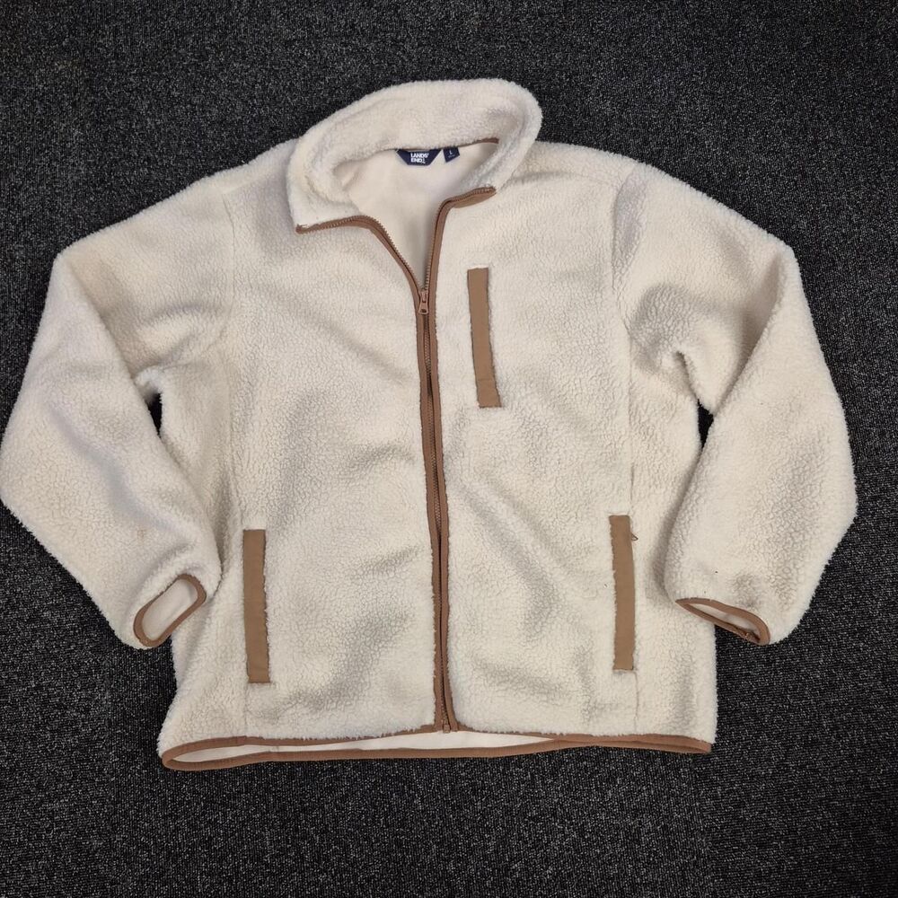 Lands' End Cream Sherpa Fleece Full-Zip Jacket Men's L 42-44 Tan Trim